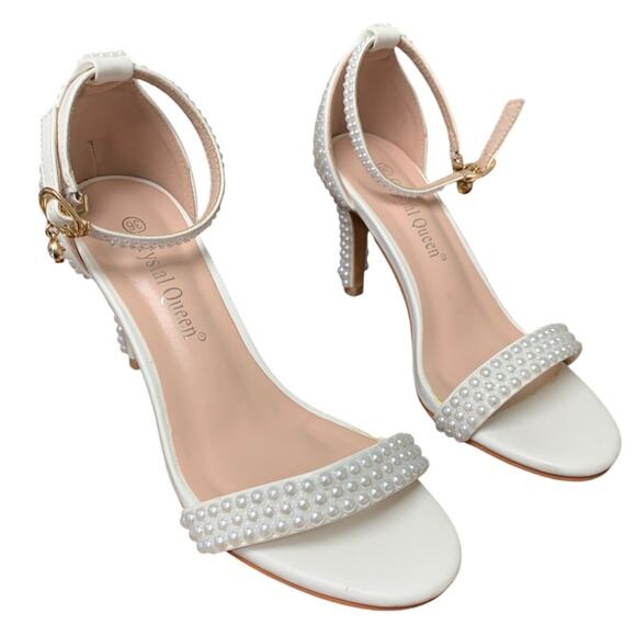 Crystal Queen Womens Size 5.5 Pearl White Open Toe 3.5" Heel Ankle Strap Shoes - Picture 1 of 8